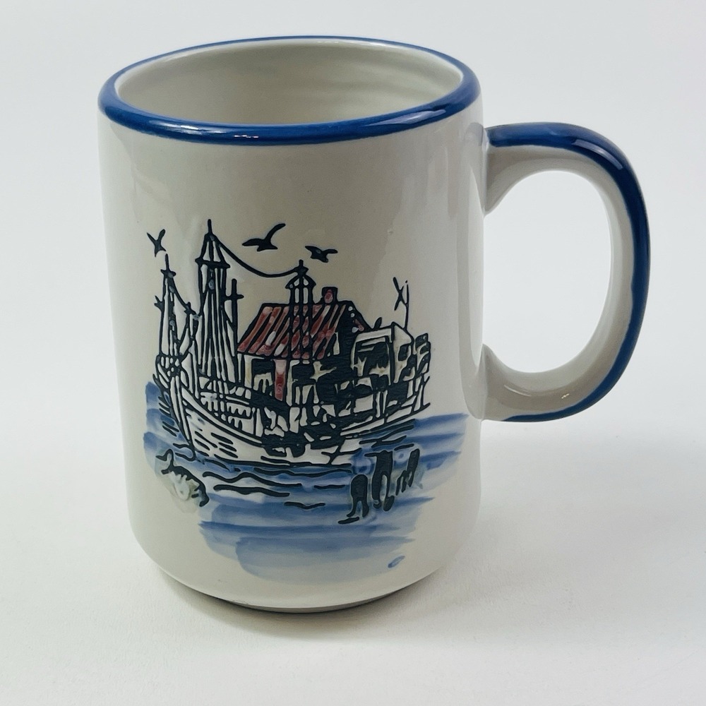 Ceramic Coffee Mug Cup Coastal Fishing Village Pier Boat Nautical Birds Large